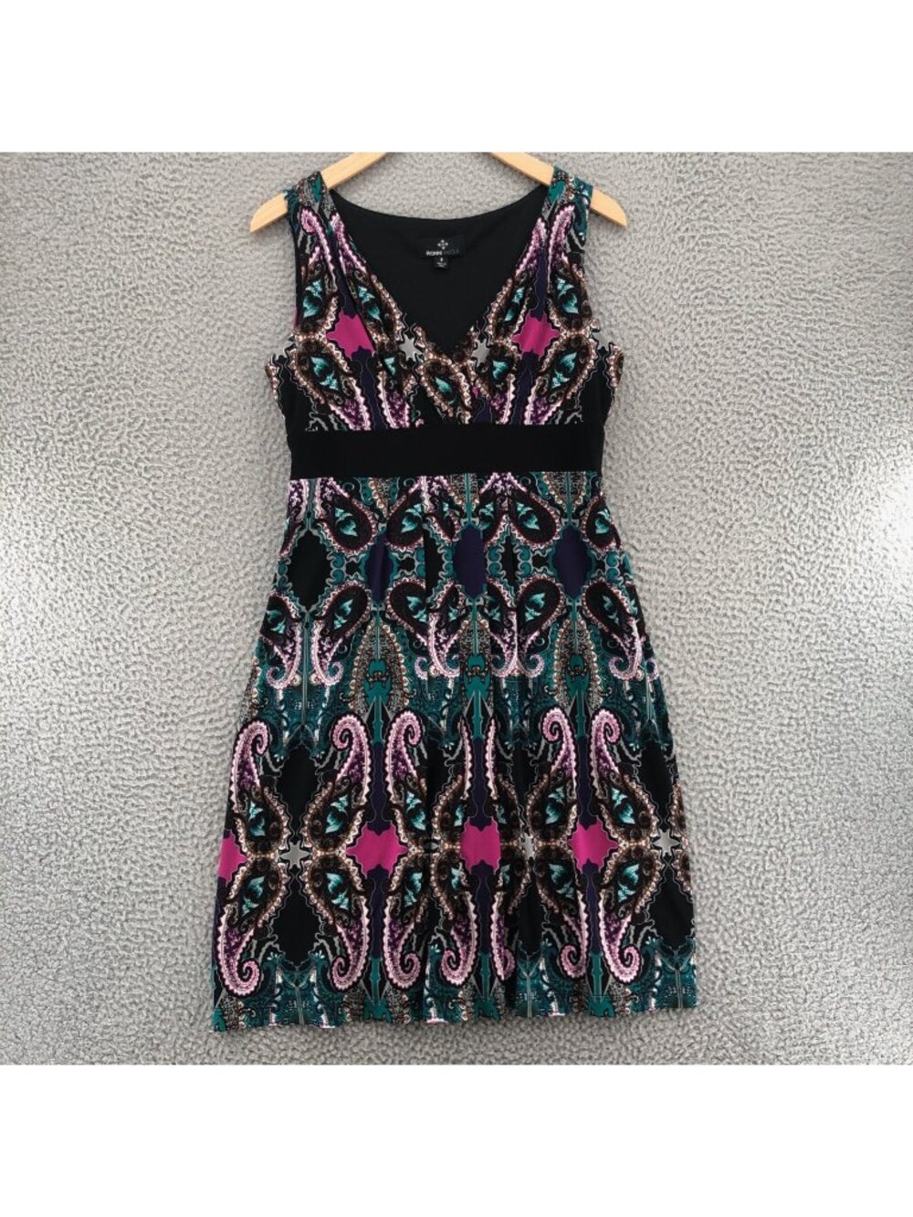 Ronni Nicole Dress Womens 6 Blue Pink Paisley Surplice V Neck Pleated Stretch